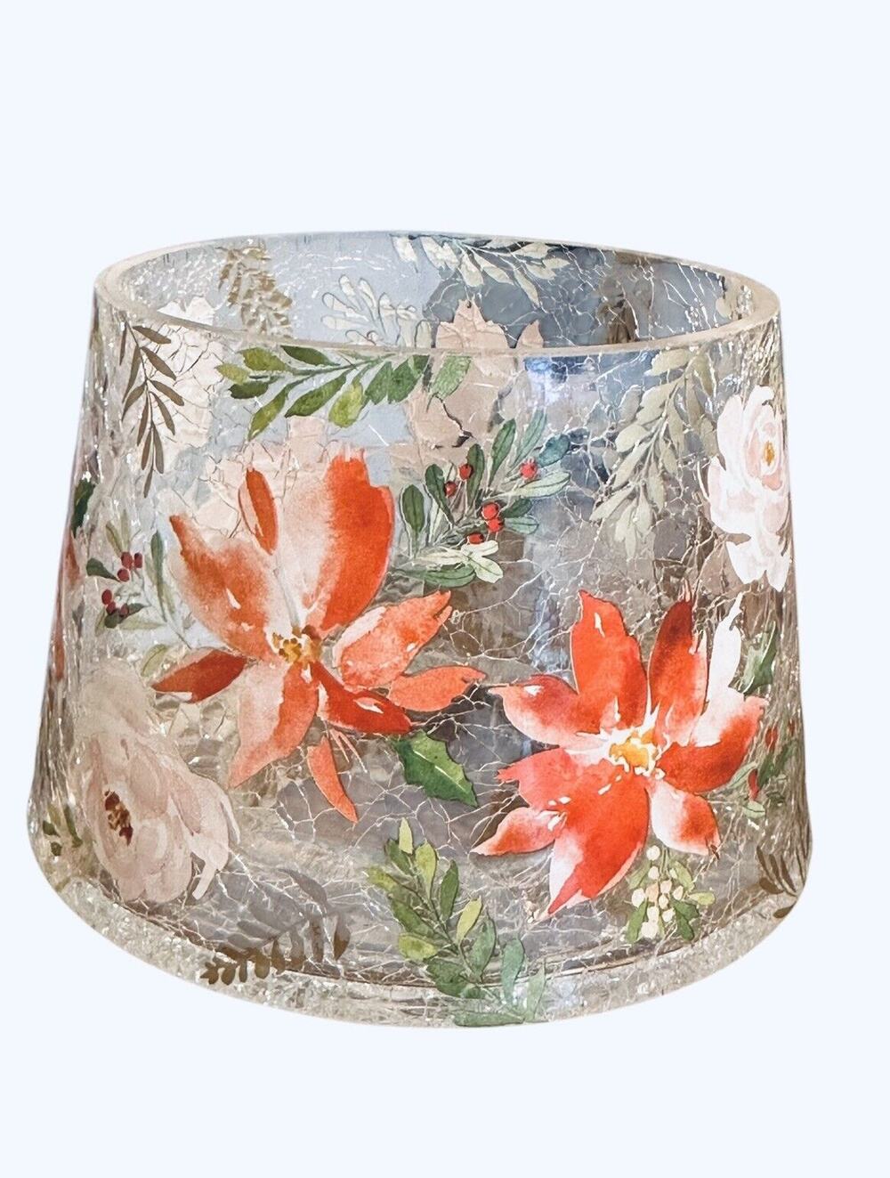 NEW Yankee Candle Shade Topper Holiday Pointsetta Florals Crackle Glass RARE ‘22